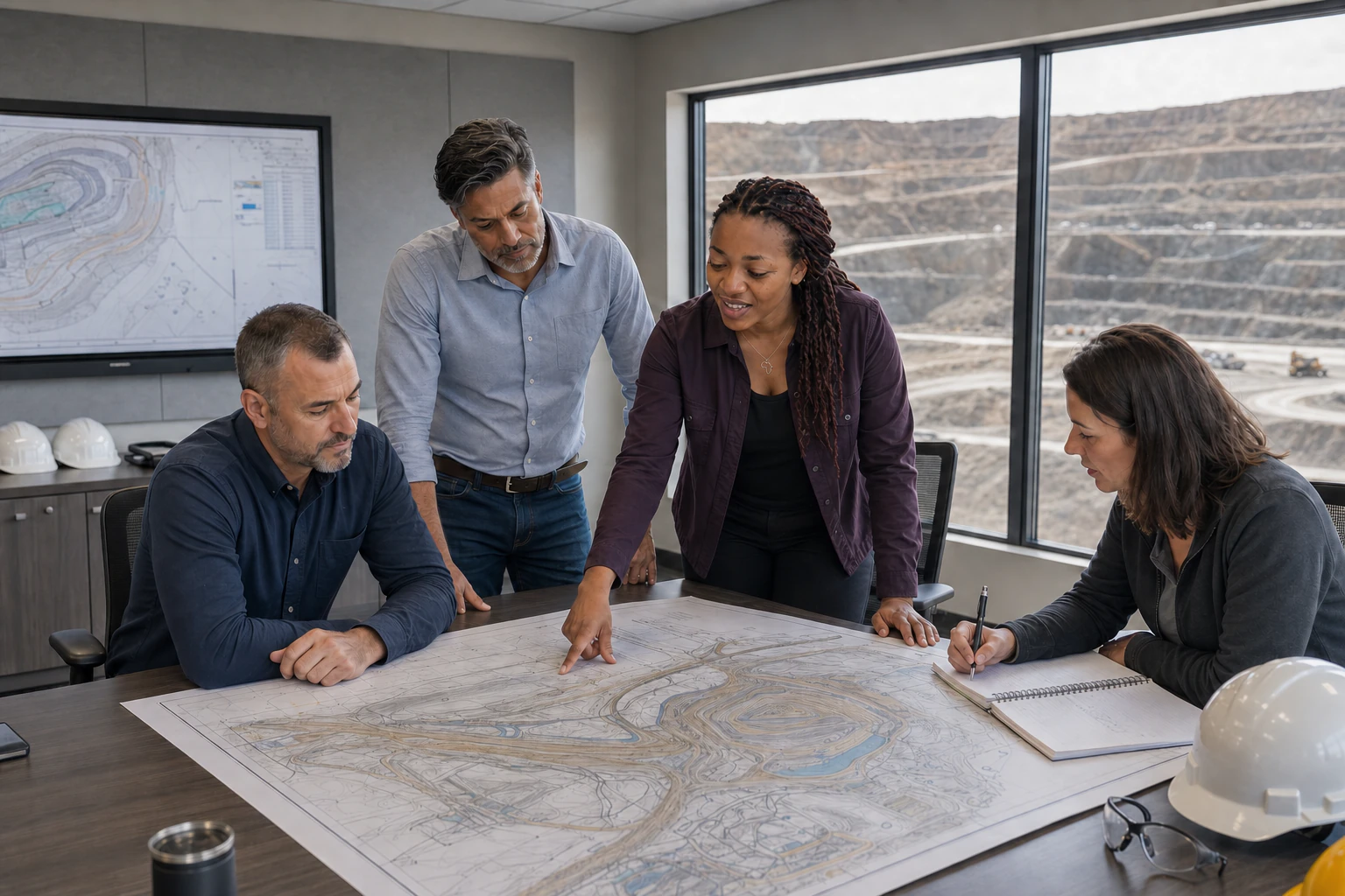 Monah Wesala leading a collaborative mine-design review in a technical-services boardroom
