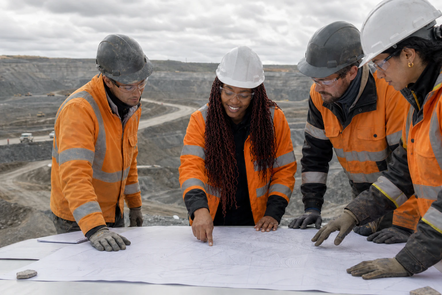 Monah Wesala and a project team reviewing engineering plans at an active open-pit mine