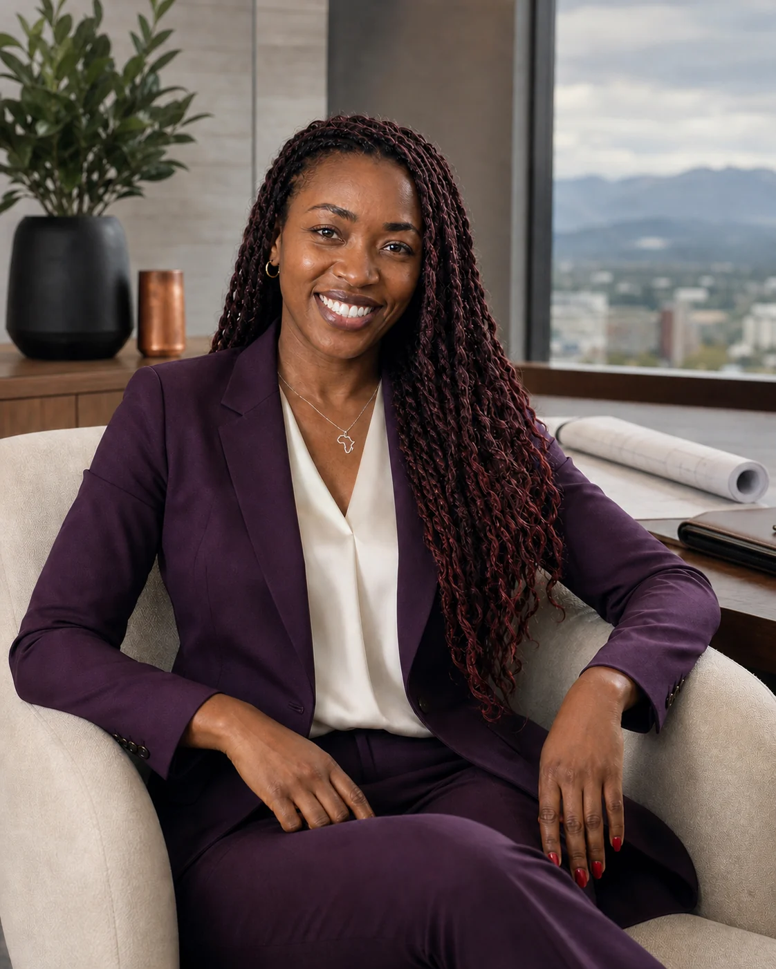 Monah Wesala seated in a calm executive office wearing a tailored plum pantsuit